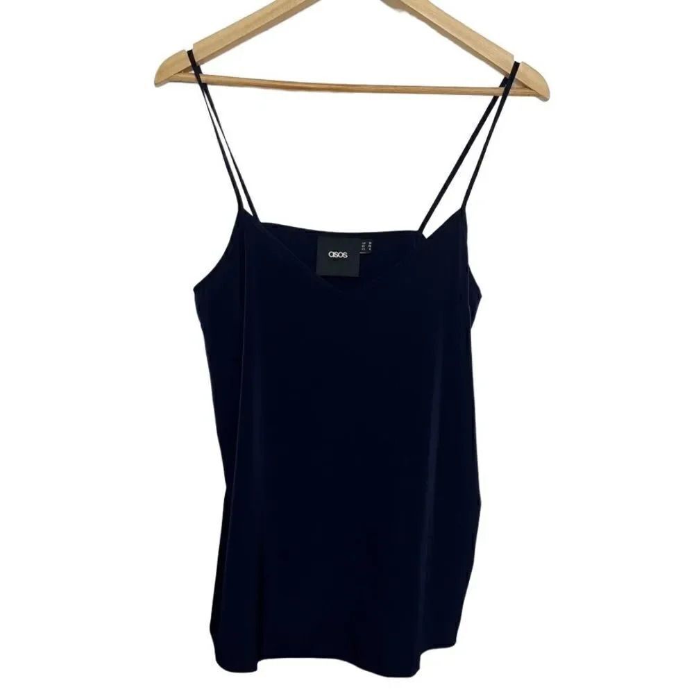 ASOS Silky Darted Flowy Blouse Tank Top Navy Blue Size 6